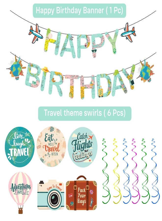 Partyjoy Travel Theme Birthday Decoration Kit, 7 Pieces, Happy Birthday Banner, Hanging Swirls, Cardstock Party Props for Travel Enthusiast - Image 2